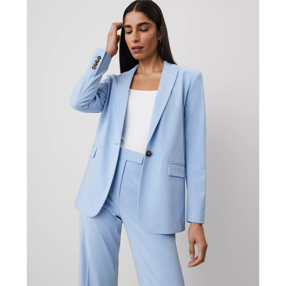 NWT Ann Taylor Long Sleeve Single Breasted Longline Blazer Blue Women Petite 12P